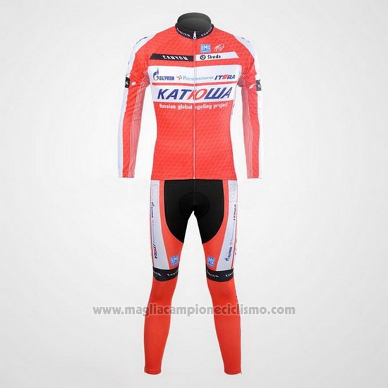 2012 Abbigliamento Ciclismo Katusha Bianco e Arancione Manica Lunga e Salopette